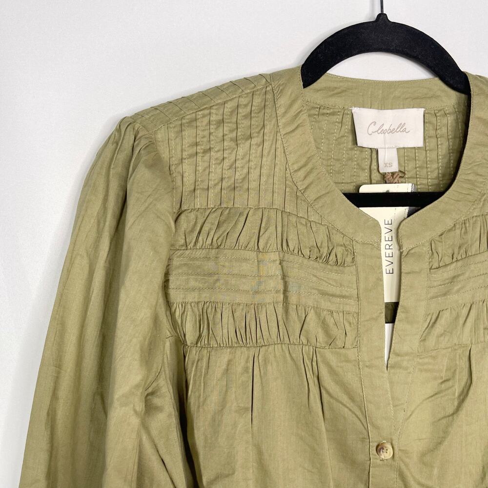 New Evereve Cleobella XS Olive Green River Blouse Puff Sleeve Button Front VNeck - Picture 3 of 14